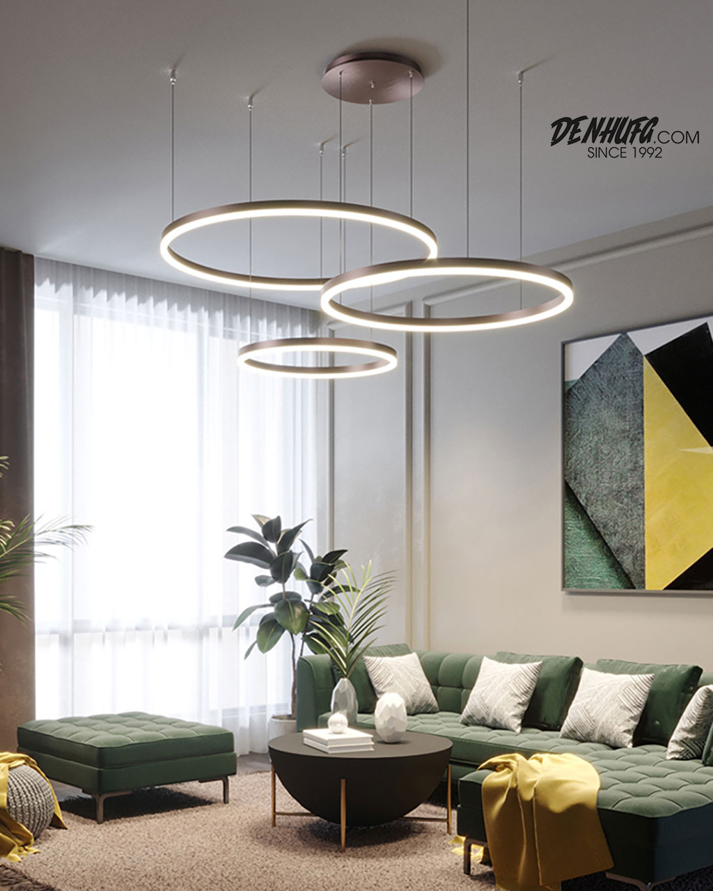 Đèn treo trần vòng tròn LED phát sáng khung sơn tĩnh điện nâu đen HF2408
